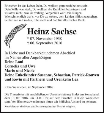 Traueranzeige von Heinz Sachse  von Magdeburger Volksstimme