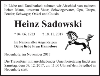 Traueranzeige von Heinz Sadowski  von Magdeburger Volksstimme