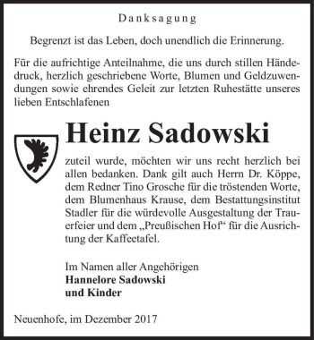 Traueranzeige von Heinz Sadowski  von Magdeburger Volksstimme