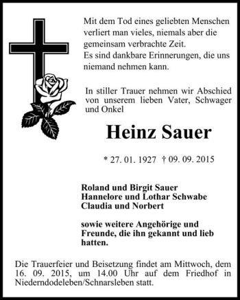 Traueranzeige von Heinz Sauer  von Magdeburger Volksstimme