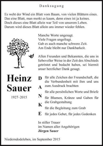 Traueranzeige von Heinz Sauer  von Magdeburger Volksstimme