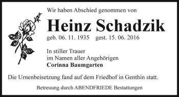 Traueranzeige von Heinz Schadzik  von Magdeburger Volksstimme