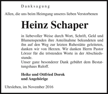 Traueranzeige von Heinz Schaper  von Magdeburger Volksstimme