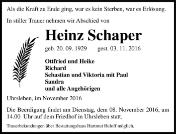 Traueranzeige von Heinz Schaper  von Magdeburger Volksstimme