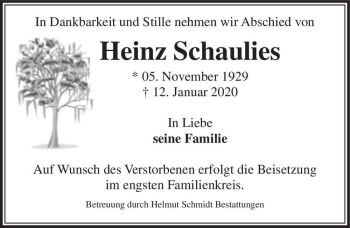 Traueranzeige von Heinz Schaulies  von Magdeburger Volksstimme