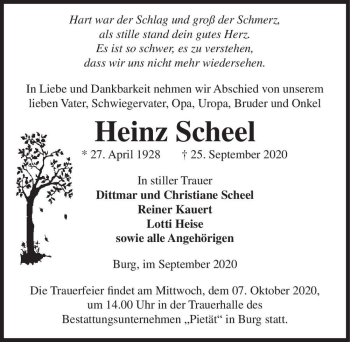 Traueranzeige von Heinz Scheel  von Magdeburger Volksstimme