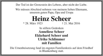 Traueranzeige von Heinz Scheer  von Magdeburger Volksstimme