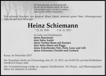 Traueranzeige von Heinz Schiemann  von Magdeburger Volksstimme