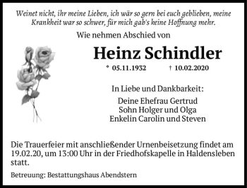 Traueranzeige von Heinz Schindler  von Magdeburger Volksstimme