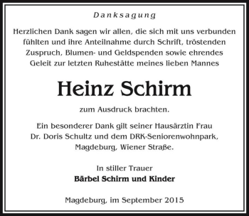 Traueranzeige von Heinz Schirm  von Magdeburger Volksstimme