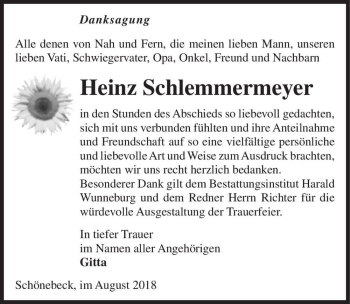 Traueranzeige von Heinz Schlemmermeyer  von Magdeburger Volksstimme