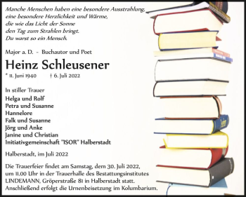 Traueranzeige von Heinz Schleusener  von Magdeburger Volksstimme