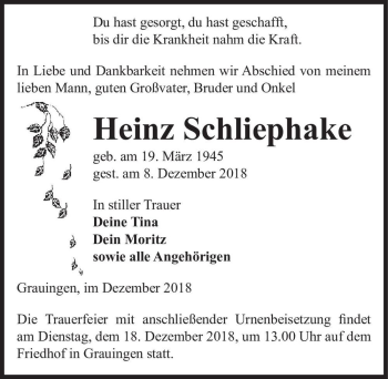 Traueranzeige von Heinz Schliephake  von Magdeburger Volksstimme