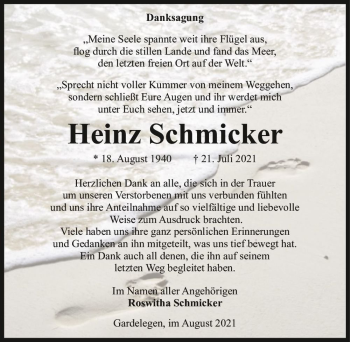 Traueranzeige von Heinz Schmicker  von Magdeburger Volksstimme