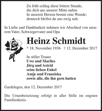 Traueranzeige von Heinz Schmidt  von Magdeburger Volksstimme