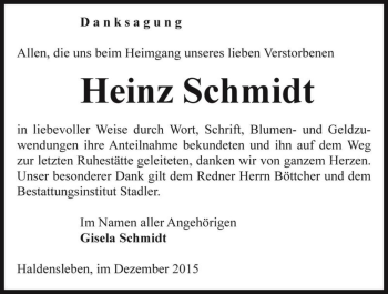 Traueranzeige von Heinz Schmidt  von Magdeburger Volksstimme