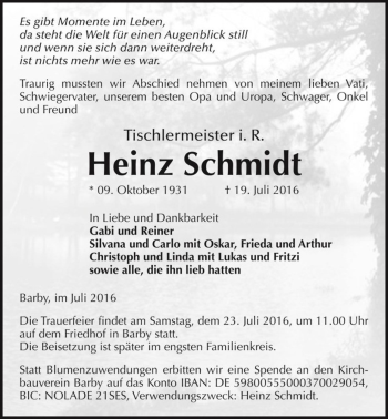 Traueranzeige von Heinz Schmidt  von Magdeburger Volksstimme