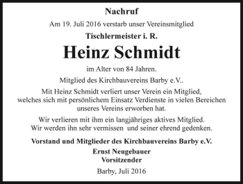Traueranzeige von Heinz Schmidt  von Magdeburger Volksstimme