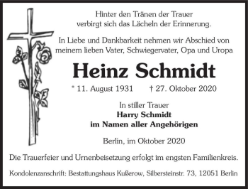 Traueranzeige von Heinz Schmidt  von Magdeburger Volksstimme