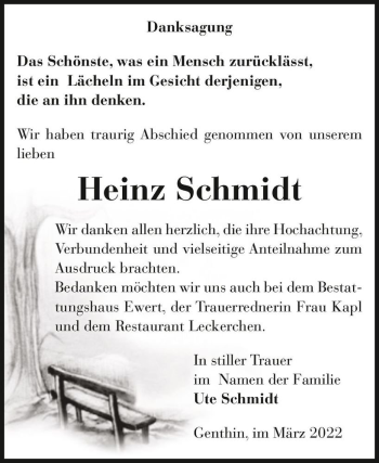 Traueranzeige von Heinz Schmidt  von Magdeburger Volksstimme