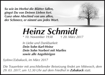 Traueranzeige von Heinz Schmidt  von Magdeburger Volksstimme