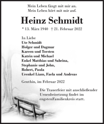 Traueranzeige von Heinz Schmidt  von Magdeburger Volksstimme