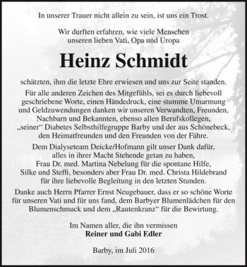 Traueranzeige von Heinz Schmidt  von Magdeburger Volksstimme