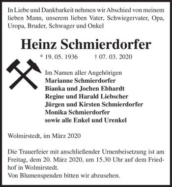 Traueranzeige von Heinz Schmierdorfer  von Magdeburger Volksstimme