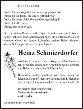 Traueranzeige von Heinz Schmierdorfer  von Magdeburger Volksstimme