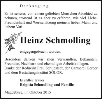 Traueranzeige von Heinz Schmolling  von Magdeburger Volksstimme