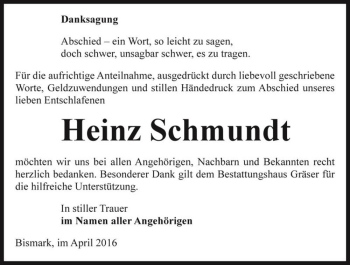 Traueranzeige von Heinz Schmundt  von Magdeburger Volksstimme