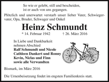 Traueranzeige von Heinz Schmundt  von Magdeburger Volksstimme