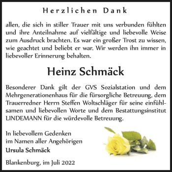 Traueranzeige von Heinz Schmäck  von Magdeburger Volksstimme