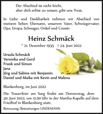 Traueranzeige von Heinz Schmäck  von Magdeburger Volksstimme