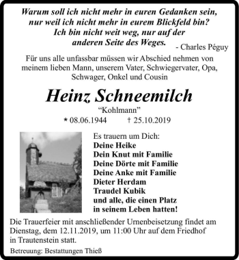 Traueranzeige von Heinz Schneemilch 