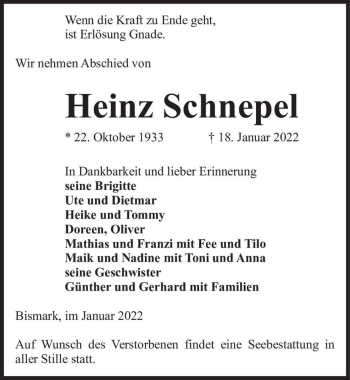 Traueranzeige von Heinz Schnepel  von Magdeburger Volksstimme