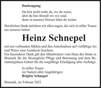 Traueranzeige von Heinz Schnepel  von Magdeburger Volksstimme
