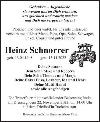Traueranzeige von Heinz Schnorrer  von Magdeburger Volksstimme