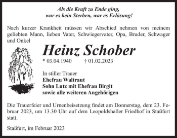 Traueranzeige von Heinz Schober  von Magdeburger Volksstimme