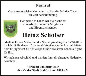Traueranzeige von Heinz Schober  von Magdeburger Volksstimme
