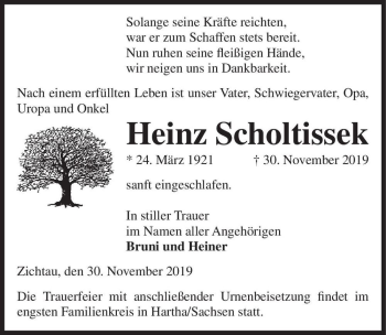Traueranzeige von Heinz Scholtissek  von Magdeburger Volksstimme