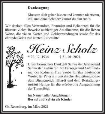 Traueranzeige von Heinz Scholz  von Magdeburger Volksstimme