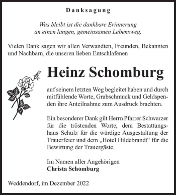 Traueranzeige von Heinz Schomburg  von Magdeburger Volksstimme