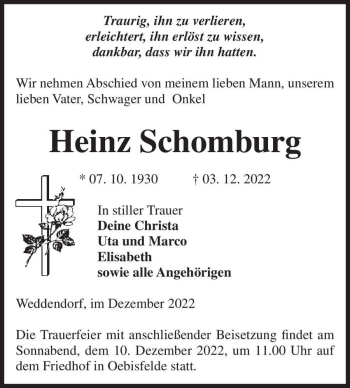 Traueranzeige von Heinz Schomburg  von Magdeburger Volksstimme