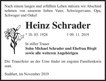Traueranzeige von Heinz Schrader  von Magdeburger Volksstimme