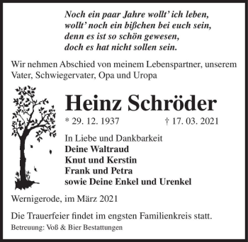 Traueranzeige von Heinz Schröder  von Magdeburger Volksstimme