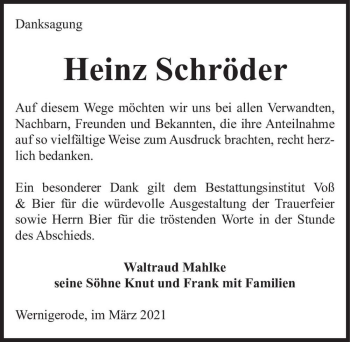 Traueranzeige von Heinz Schröder  von Magdeburger Volksstimme