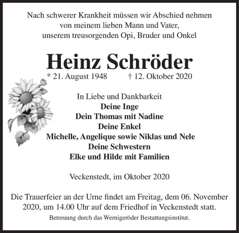  Traueranzeige für Heinz Schröder  vom 19.10.2020 aus Magdeburger Volksstimme