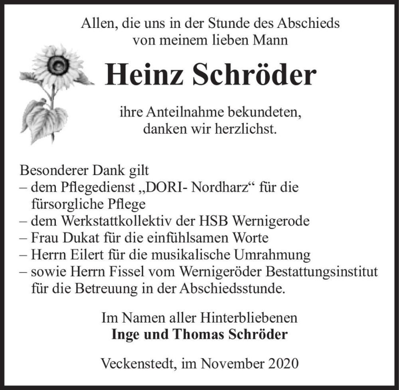  Traueranzeige für Heinz Schröder  vom 20.11.2020 aus Magdeburger Volksstimme