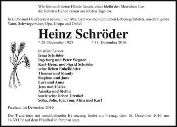 Traueranzeige von Heinz Schröder  von Magdeburger Volksstimme